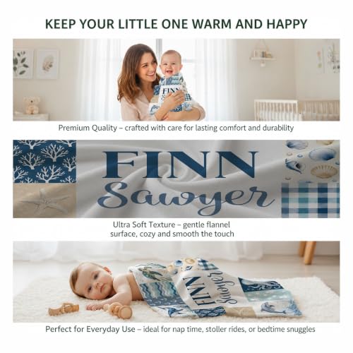 Personalized Ocean Animal Baby Blanket, Custom Sea Life Baby Blanket - color: Blue #5