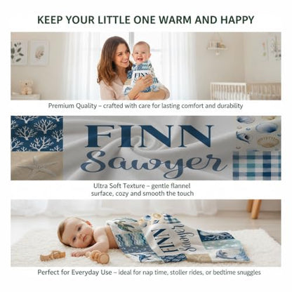 Personalized Ocean Animal Baby Blanket, Custom Sea Life Baby Blanket - color: Blue #5
