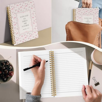 YLZlhb Pink Bow Floral Christian Spiral Notebook Journal, Religious Notebooks for Note Taking, Christian Gifts for Women, with God All Things Are Possible Hardcover Spiral Journal 5.5x8.3 Inches - color: with god