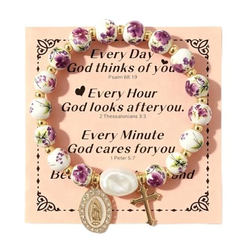 Virgin Mary Cross Bracelet with Miraculous Medal & Crucifix Charm - color: purple3
