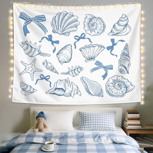 LIANGW Coquette Blue Bow Seashell Tapestry Wall Hanging, East Coast Coastal Granddaughter Decor,Wall Art Teens Room Decoration Living Room Bedroom, Based Blue Room Decor Aesthetic 50x60 inches - color: 03-coastal
