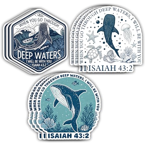 [9pcs x 3''] When You Go Through Deep Waters Whale Shark Sticker Bible Christian Faith Religious Waterproof Vinyl Stickers for Laptop, Water Bottle, Cars, Tumbler Decal