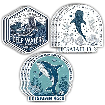 [9pcs x 3''] When You Go Through Deep Waters Whale Shark Sticker Bible Christian Faith Religious Waterproof Vinyl Stickers for Laptop, Water Bottle, Cars, Tumbler Decal