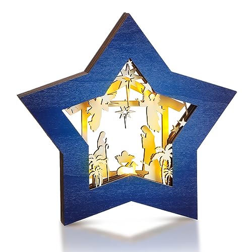 Bucherry Wooden Nativity Scene Christmas Tabletop Ornament,Blue White - style: Blue White