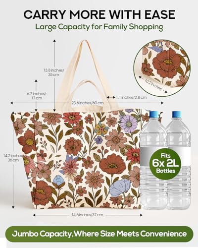 Miss Adola Cute Extra Large Canvas Grocery Tote Bag - color: Orange Floral