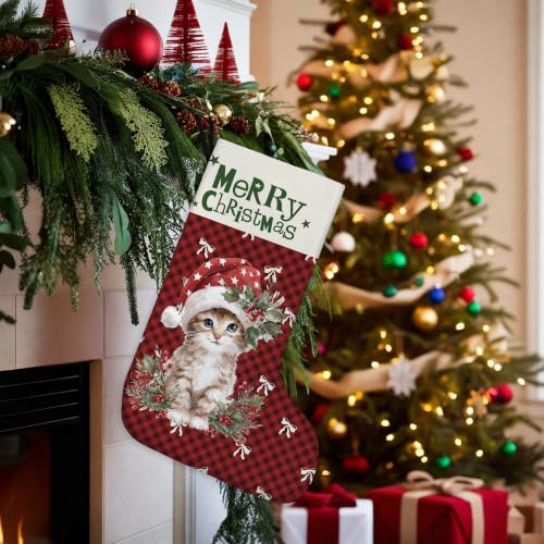 Tabby Cat Red Buffalo Plaid Christmas Stockings 16 Inch - color: Christmas11