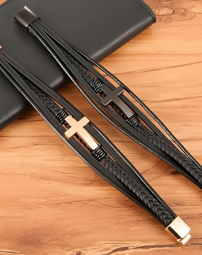 Cross Leather Bracelet for Men, Multi-Layer Braided Mens Religious Cuff Bracelets with Stainless Steel Clasp Anniversary Father's Day Birthday Christmas Jewelry Gifts for Him - color: Rose Gold Clasp & Black Leather