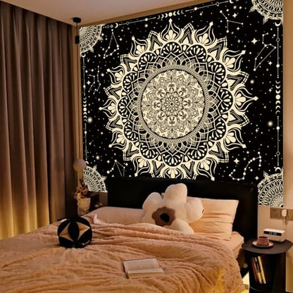 Apdidl Boho Mandala Tapestry for Bedroom, Black Hippie Ceiling Tapestries - color: Black Gold Mandala Tapestry, size: 90"L x 71"W