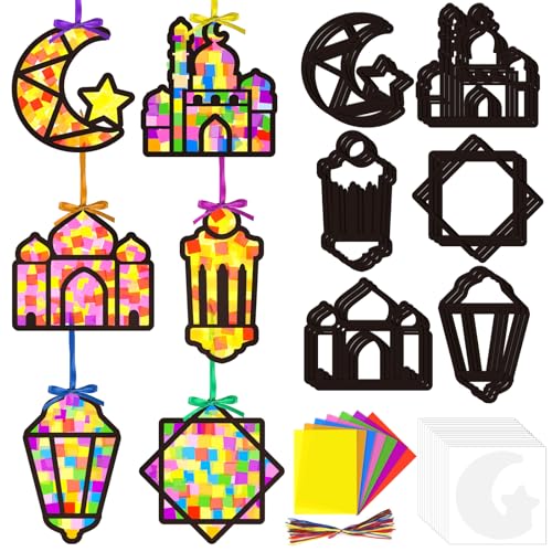 Cinrobiye 24 Set Ramadan Eid Suncatcher Craft Kit, DIY Glass Window Hanging Decoration, Eid Mubarak Ornaments for Classroom, Home, Mosque, Holiday Party Group Activities - style: Mubarak