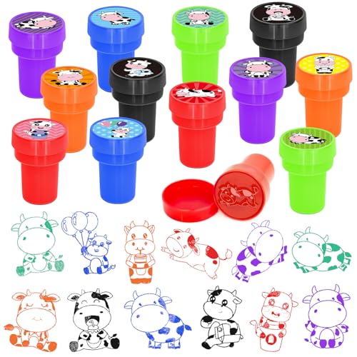 Cinrobiye 24 Pcs Cow Stampers Party Favor Set, Cute Farm Animal Stamps for Kids Birthday Party, Classroom Rewards, Farm Themed Party Supplies, Goody Bag Fillers, Barnyard Animal Toys - color: Cow