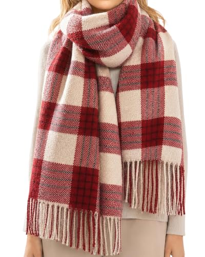 Loritta Winter Scarf for Women, Long Plaid Shawl Wraps Scarves Gifts - color: U-beige Red Lattice