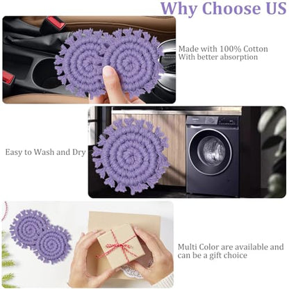 Cotton Car Coasters for Cup Holders, 2 Pack Car Cup Coasters, Drink Coaster Holder Cute Boho Macrame Cupholder Coaster Accessories for Women-3 inch (Purple) - color: Purple