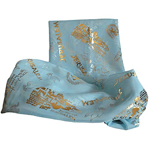 Biblical World Jerusalem Scripture Scarf For Woman, 100% Polyester 20 x 60 inches - color: Blue Sky