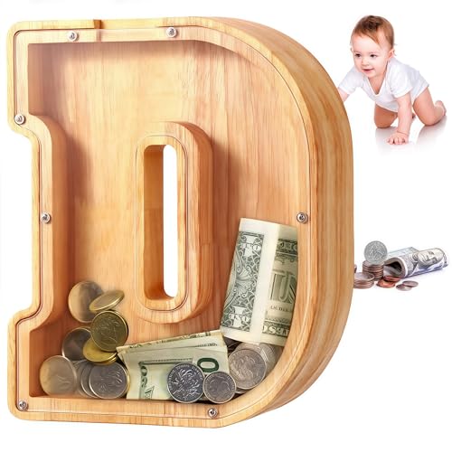 UBeesize Cute Money Box for Boys and Girls,Unbreakable Wood Coin Bank,Twenty-Six English Alphabet Letter Piggy Banks,Gifts for Birthday, Christmas, Festival, Baby Shower(D) - color: D, size: 9 inches