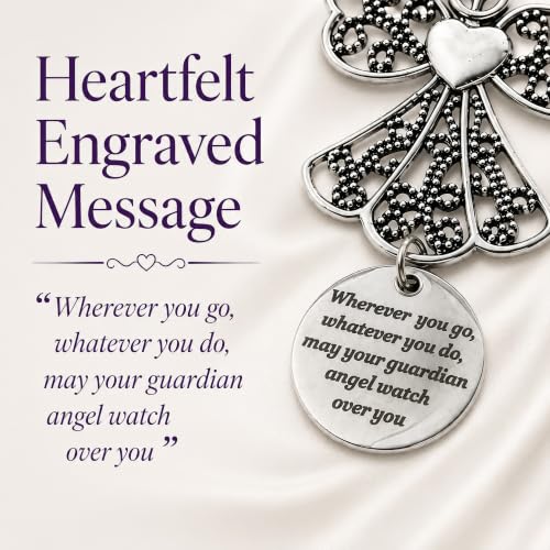 Guardian Angel Car Charm - Stainless Steel Rearview Mirror Hanging Ornament with Cross & Compass - Christian Travel Gift