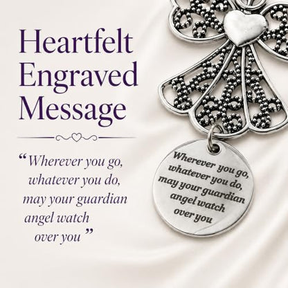 Guardian Angel Car Charm - Stainless Steel Rearview Mirror Hanging Ornament with Cross & Compass - Christian Travel Gift