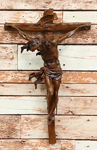 Ebros Large 19.75" High INRI Jesus Christ Crucified On The Cross Wall Hanging Crucifix Crosses Sculpture in Deep Brown Mahogany Faux Wood Like Finish Catholic Christian Home Decor Resin Plaque
