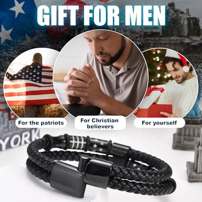 Mens Cross Bead Braided Genuine Leather Bracelet, Black Gemstone Agate Onyx Beaded Rosary Obsidian Bangle, Faith Religious Easter Catholic Christian Communion Baptism Christmas Jewelry Gift for Men - color: Black3 Size 7.5″ Joshua 1:9
