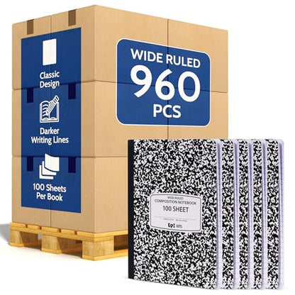 960 Pack (Pallet) EPI Wide Ruled Composition Notebook Bulk, 200 pages (100 Sheets), 9-3/4 x 7-1/2, Black Marble, Bulk School Supplies, Heavy Duty, Durable Office Notebooks, Sturdy Sewn Binding - size: Pack of 960, style: Wide Ruled