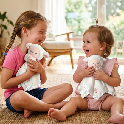 Lamb Baptism Blanket, Lamb Loveys Baptism Gifts for Baby Girls - color: White Lamb Pink Cross