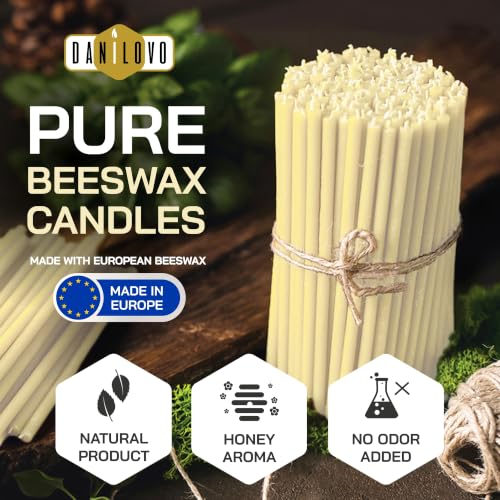 Danilovo Thin Taper Beeswax Candles - Honey-Scented, Decorative Candles Ideal for Birthday Decoration or Church Prayers - White Drip Free, Tall & Smokeless Pack of 50 pcs, 7.3 x 0.24 inch - color: White