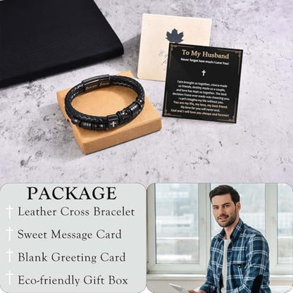 EFVISD Lover You Forever Leather Cross Bracelet for Men Boys Gifts - color: Husband