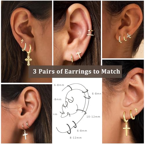 3Pairs Gold Cross Earrings for Women Hoops Huggie Earrings Stack Set - color: Gold-1