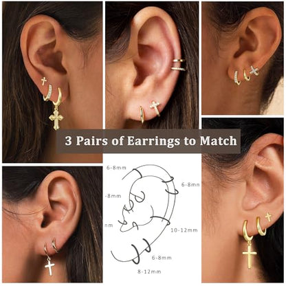 3Pairs Gold Cross Earrings for Women Hoops Huggie Earrings Stack Set - color: Gold-2