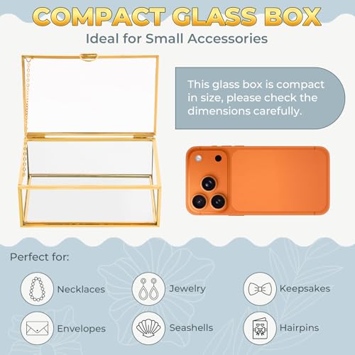 NATGAI 5.7" Small Glass Jewelry Box Golden Card Box Vintage Lidded Box - size: 5.7x3.5x2 in