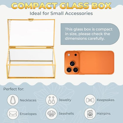 NATGAI 5.7" Small Glass Jewelry Box Golden Card Box Vintage Lidded Box - size: 5.7x3.5x2 in