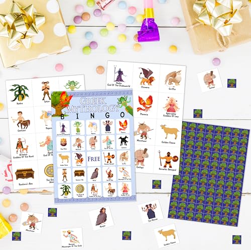 Greek Mythology Bingo Games, Ancient History Travel Trip Bingo Cards, Greek Theme Party Game for Adults Family, Christmas Party Activities, 24 Bingo Sets, A005 - color: Greek Mythology