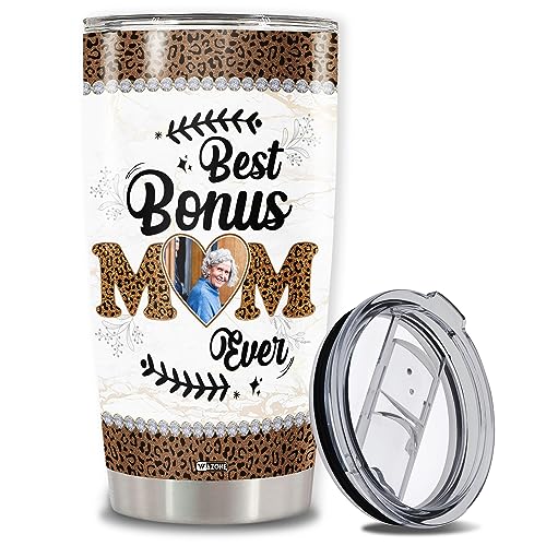 WAZONE Personalized Best Bonus Mom Ever Gifts Tumbler Cups From Daughters For Mommy Mothers Customized Photo With Lid 20 30 Oz Presents Idea Birthday Christmas Mothers Day Anniversary - color: Bonus Mom