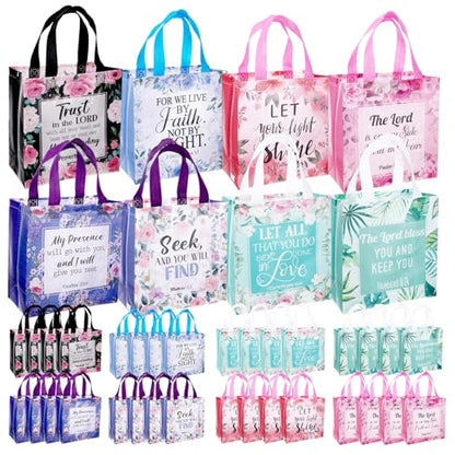 32 Pcs Christian Gift Bags for Women Non Woven Bulk Religious Gift Bags with Handles Reusable Flower Bible Verse Tote for Church Events, Baptism, Easter, Communion, Wedding