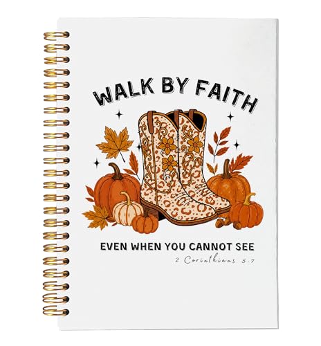 VNWEK Fall Western Christian Spiral Notebook Journal 5.5x8.3 Inch, Autumn Pumpkin Cowgirl Boots Bible Verse Journal, Walk by Faith Religious Lined Hardcover Spiral Notebook - color: Fall Western Christian