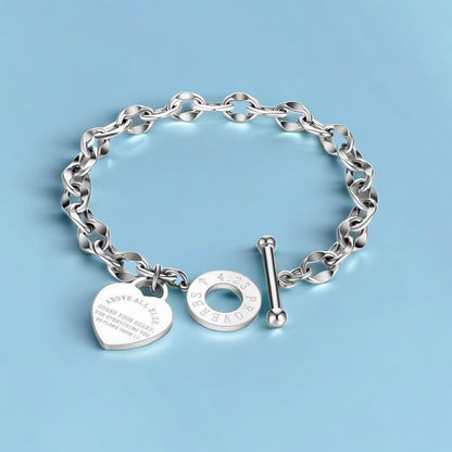 Heart Charm Bracelet Plated 18K Gold/Silver/Rose Gold Bible Scripture Heart Bracelet for Women Jewelry Gift Her Link Chain OT Clasp Stainless Steel - color: Silver（9.1 inch ）