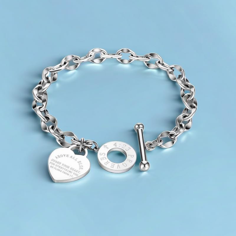 Heart Charm Bracelet Plated 18K Gold/Silver/Rose Gold Bible Scripture Heart Bracelet for Women Jewelry Gift Her Link Chain OT Clasp Stainless Steel - color: Silver（8.1 inch）