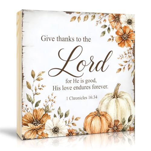 TOUNER Give Thanks To The Lord For He Is Good Wooden Box Sign, Pumpkins Wooden Box Sign for Home Farmhouse Bedroom Desk Shelf Decor, Rustic Gifts for Friends Family Colleague Christian Believers - color: multicolored084