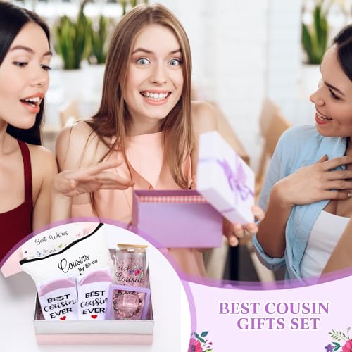 Pickmesh 7 Pack Cousin Gifts for Women, Thank You Best Cousin Ever Themed Gift for Birthday, Canvas Tote Bag, Makeup Bag, 16 oz Coffee Glass Cup, Socks, Stone Bracelet, Greeting Card and Box - style: Cousin