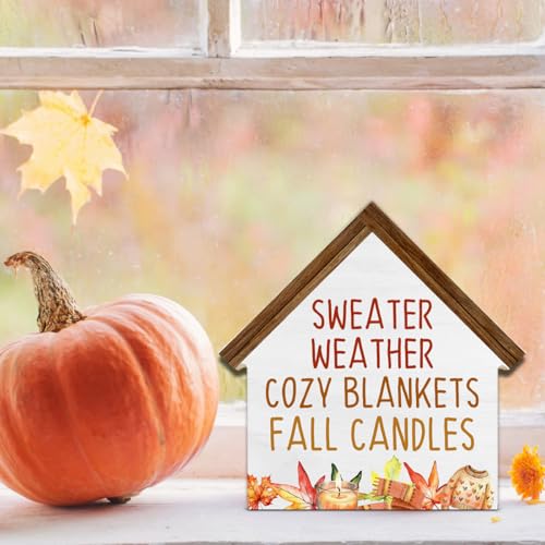 Fall Home Decor, Sweater Weather House Shaped Wood Block Sign - color: Sweater