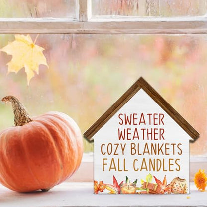 Fall Home Decor, Sweater Weather House Shaped Wood Block Sign - color: Sweater