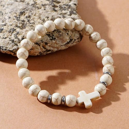 Cross Birthstone Gemstone Beaded Stretch Protection Bracelet for Man Woman, Handmade Healing Stone Chakra Beads Elastic Bracelets Accessories Fashion Jewelry Gift. - color: White Cross Stone
