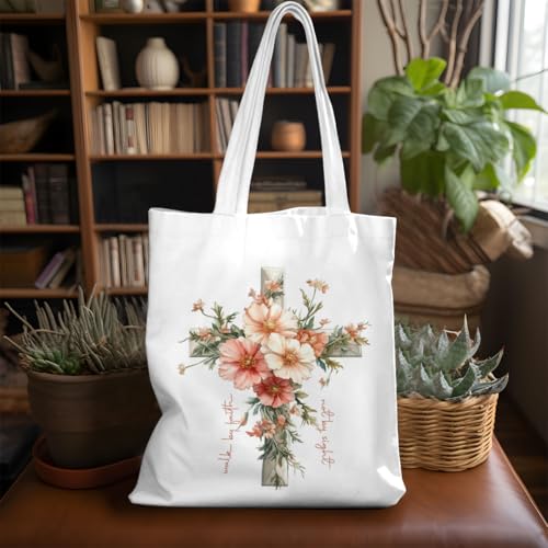 VICBOU Bible Verse Canvas Tote Bag Religious Christian Gifts for Women Men Faith Canvas Tote Reusable Grocery Bag - color: Crossflowers01