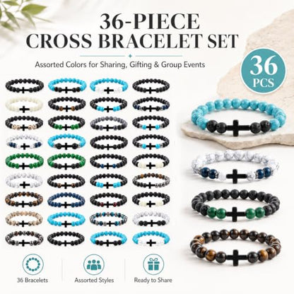 36Pcs Cross Beaded Bracelets, 8mm Natural Stone Bracelet Christian Gifts