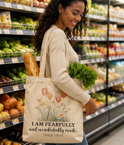 Christian Bible Verse Tote Bag for Women Faith Church - color: Fearfully