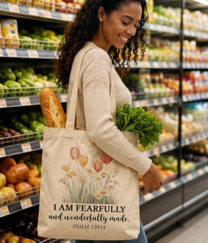 Christian Bible Verse Tote Bag for Women Faith Church - color: Fearfully