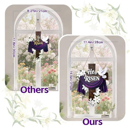 14.6 Inches Easter Door Sign He Is Risen Hanging Decor Religious Cross Sign Easter Wreaths for Front Door Christian Lily Flowers Lent Hanging Hanger for Farmhouse Front Porch