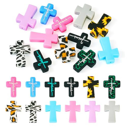 Beadthoven 12pcs Cross Silicone Focal Beads for Pens Leopard Printed Jesus Faith Cross Silicone Rubber Beads for Keychain Beadable Pens Jewelry Bracelets Making DIY Crafts - color: Crosses 12 Styles