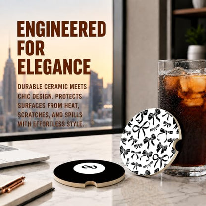 Black White Bow Car Coasters, Pool 8 Ball Retro Coquette Cup Holders, 06 - color: Black White Bow