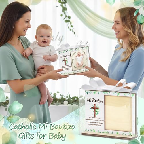 CJiangpo Spanish Baptism Picture Frame - 12 Set Catholic Mi Bautizo Gifts for Baby, Baby Shower Favor Cross Wood Photo Frame with Bows and Clear Plastic Boxes Religious First Communion keepsake - color: Eucalyptus Leaf