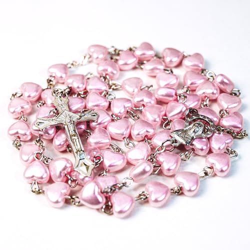 Rosary Beads Catholic for Women - Pearl Beads with Classic Cross, Virgin Mary Zippered Prayer Box, First Communion Gifts, Baptism Confirmation Jewelry - color: Heart of Mary-Pink